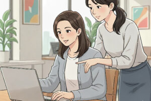 パソコンを教えている場面のイラスト